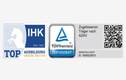 IHK-Siegel 'Top Ausbildung 2022-2025' und TÜV Rheinland-Zertifizierung nach AZAV mit QR-Code